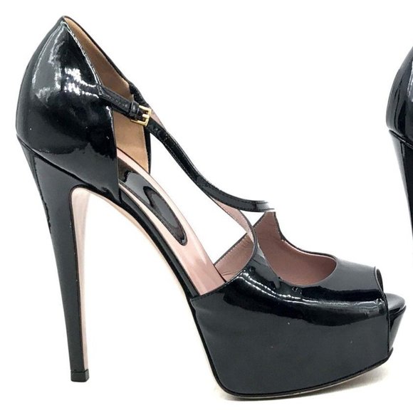 Gucci Women's Black Peep Toe Heels Sz 38.5 - Picture 1 of 8